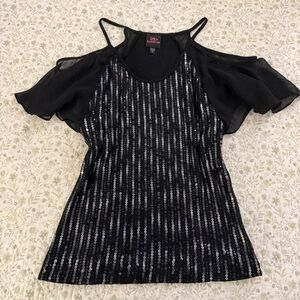 Bebe Black and Silver Sequin Shoulder Blouse
